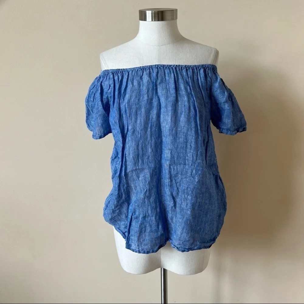 Joie 100% linen chambray off the shoulder top blue 5314